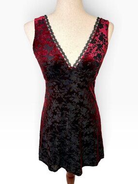 Trixxi Burgundy Red  Black Flocked Floral Lace V-Neck Mini Dress XS